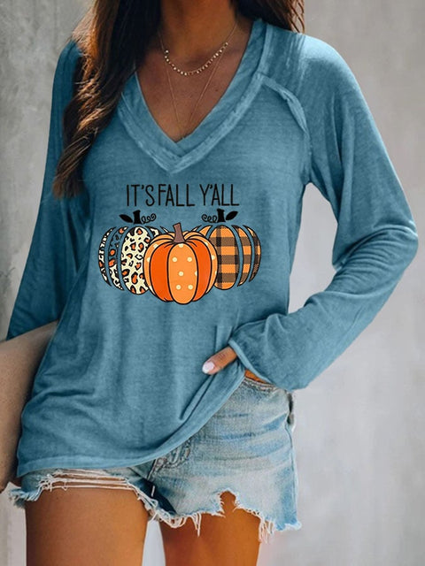 Halloween Bats Print V-neck  Long Sleeve Casual T-Shirt