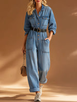 Casual Retro Lapel Button-up Blue Denim Long-sleeved Jumpsuit
