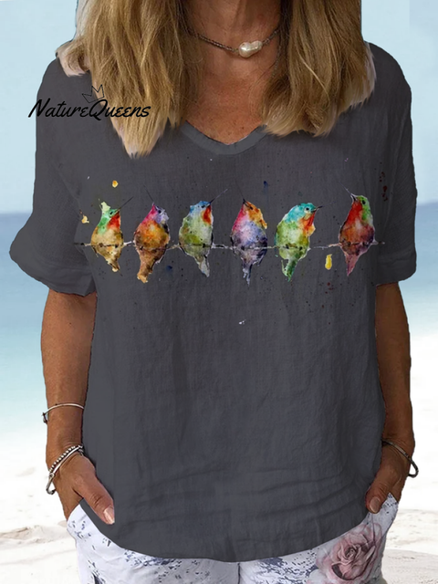 Jfn Cotton & Linen Watercolor Hummingbirds Print Lounge Top