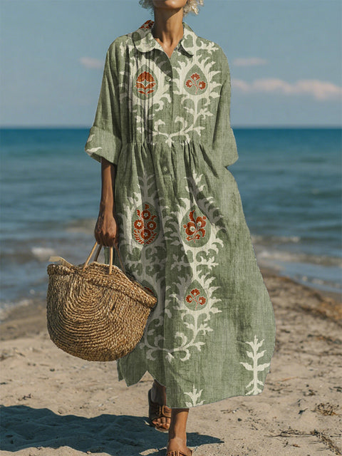Women's Casual Cotton-Linen Peter Pan Collar 3/4 Sleeve Dress