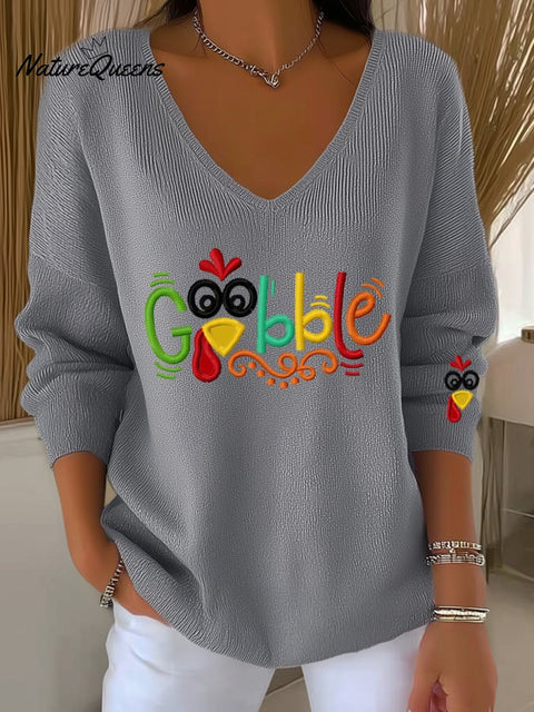 Women's Gobble Turkey Print Long Sleeve Top