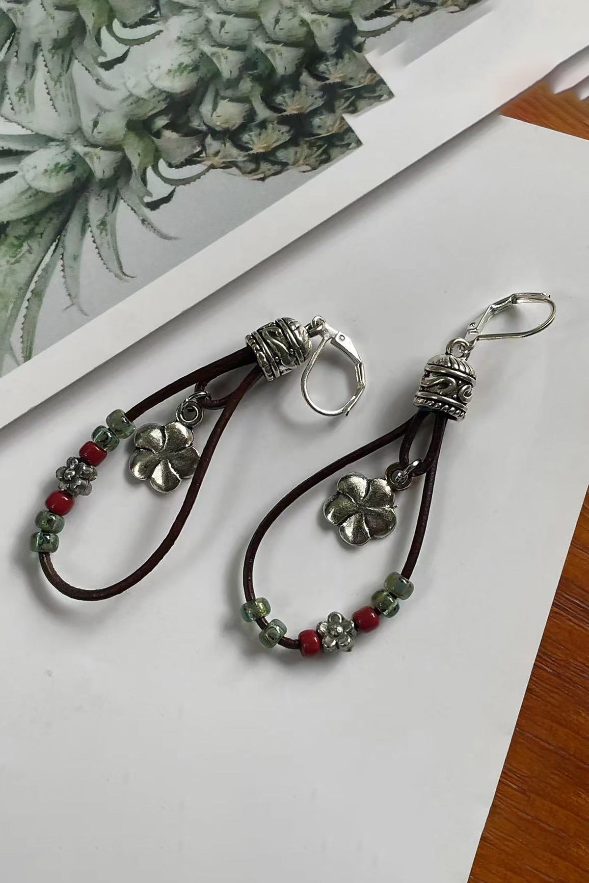 Bohemian Leather Cord Flower Beaded Earrings