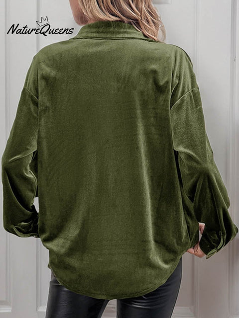 Women'S Casual Lapel Long-Sleeved Velvet Top