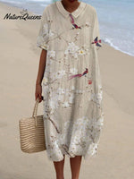 Women's Japanese Art Floral Bird Print Pocket Linen Dress(Convertible Dress With Front And Back Option)