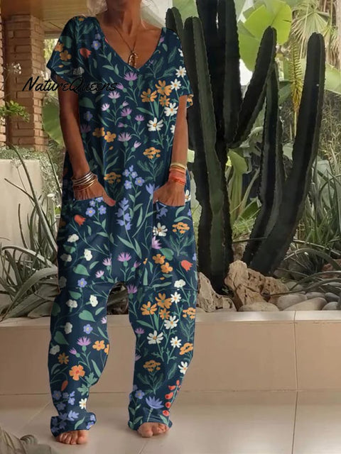 Casual Floral Print V-neck Jumpsuit