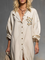 Loose Single-breasted Floral Embroidered Cotton And Linen Long-sleeved Maxi Dress
