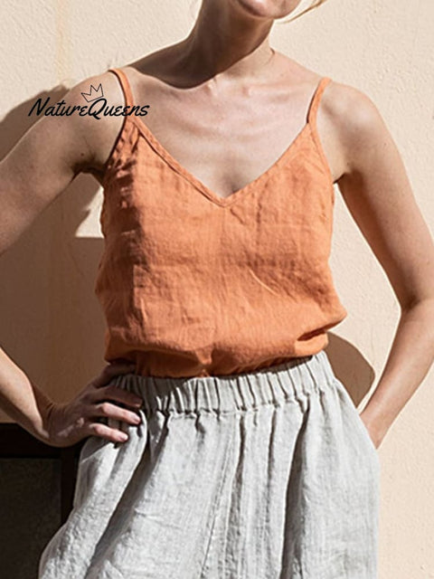 Ladies Cotton Linen V-Neck Casual Camisole Orange / S