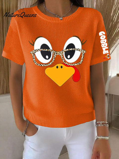 Women's Retro Thanksgiving Turkey Print Round Neck T-Shirt