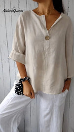 V - Neck Cotton And Linen Button Top