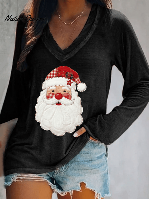 Women's Santa Claus Print V-Neck T-Shirt