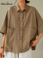 Women's Retro Lapel Solid Color Casual Cotton And Linen Shirt