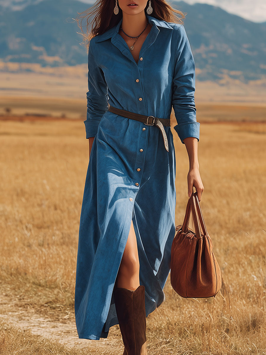 Retro Western Style Blue Long-sleeved Faux Suede Midi Dress