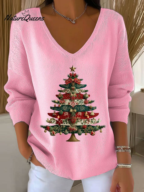 Women's Christmas Printed Knit Long Sleeve Top