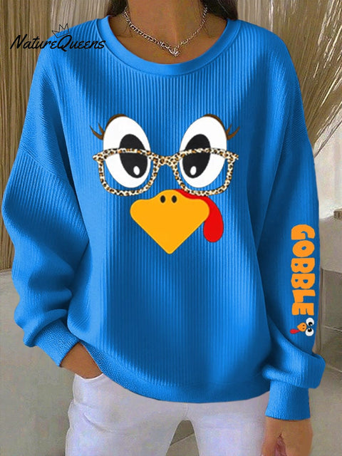 Women's Retro Thanksgiving GOBBLE Print Round Neck Sweatshirt