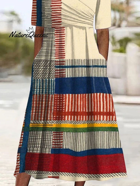 Women's Holiday Casual V-Neck Short Sleeve Contrast Striped Print Dress