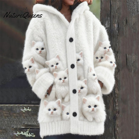 Crowded Fuzzy Cats Art Cozy Knit Hooded Cardigan