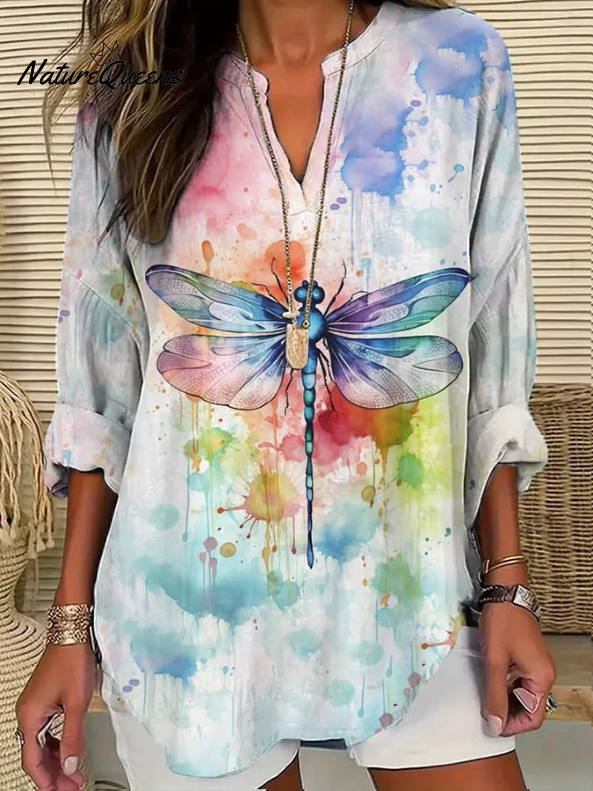 Women's Casual Watercolor Dragonfly Cotton Blend Shirt