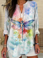 Women's Casual Watercolor Dragonfly Cotton Blend Shirt