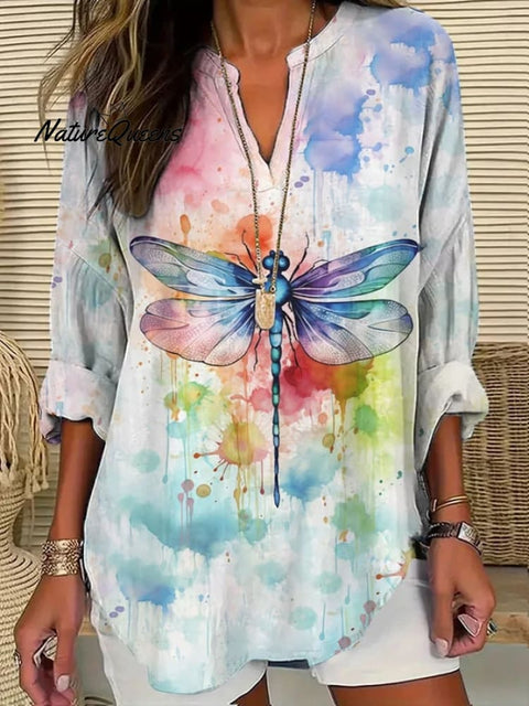 Women's Casual Watercolor Dragonfly Cotton Blend Shirt