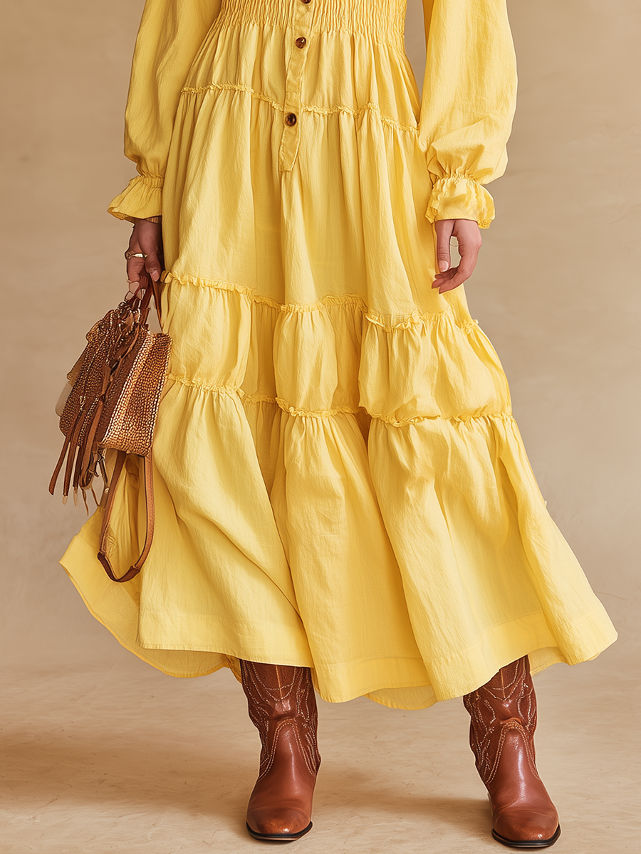 Vintage-style V-neck Ruffled Cotton And Linen Midi Dress