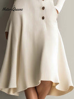 Cream Knit Midi Dress With Asymmetrical Button Detail