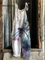 Tie-Dye Dragonfly Linen Blend Loose Casual Jumpsuit