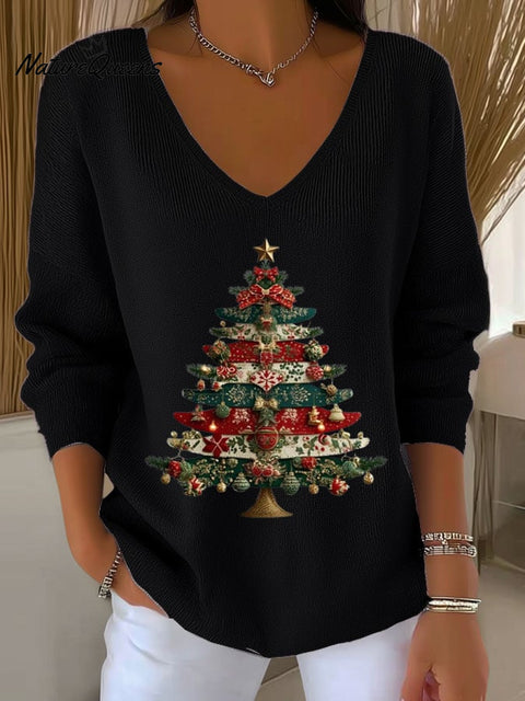 Women's Christmas Printed Knit Long Sleeve Top