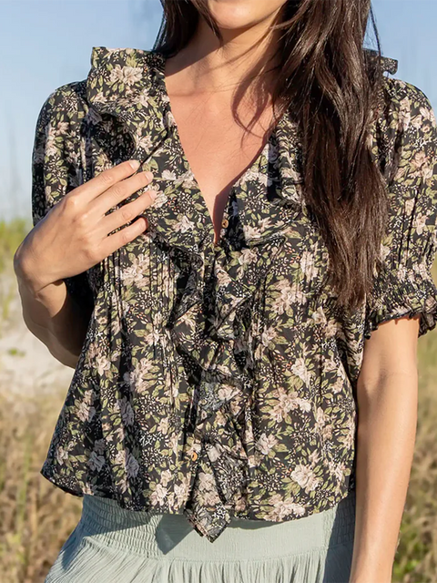 Ruffled V-neck Pleated Cotton Shirt