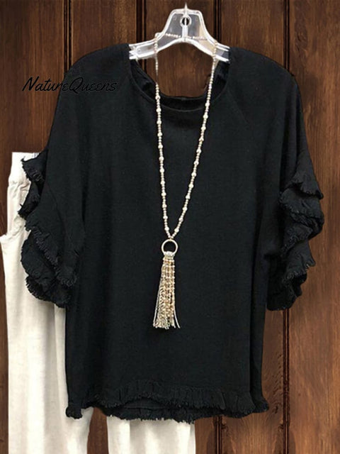 Double Ruffle Short Sleeve Round - Neck Top Black / S Tops