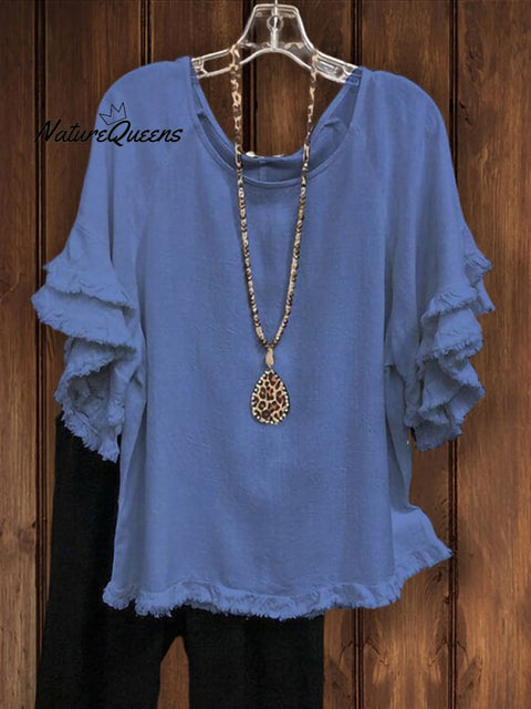 Double Ruffle Short Sleeve Round - Neck Top Blue / S Tops