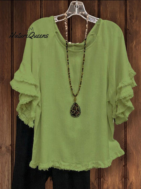 Double Ruffle Short Sleeve Round - Neck Top Green / S Tops