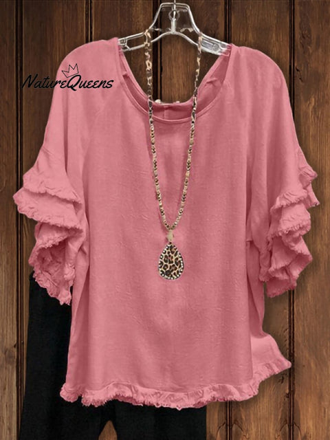 Double Ruffle Short Sleeve Round - Neck Top Pink / S Tops