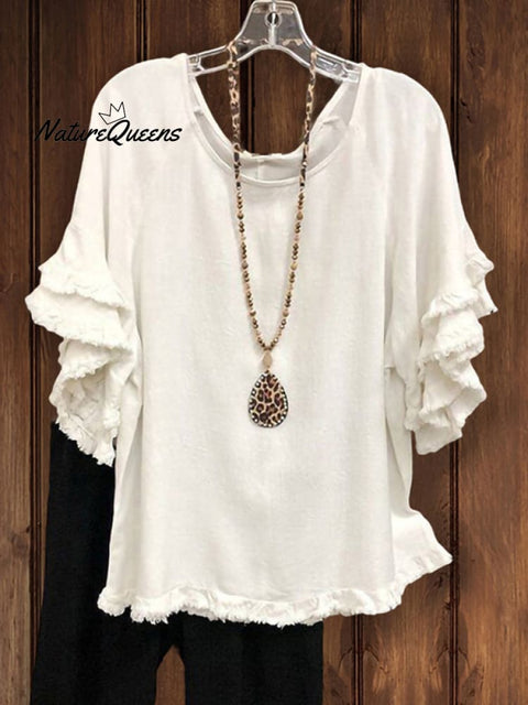 Double Ruffle Short Sleeve Round - Neck Top White / S Tops