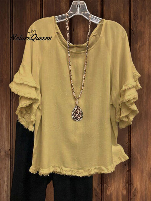 Double Ruffle Short Sleeve Round - Neck Top Yellow / S Tops