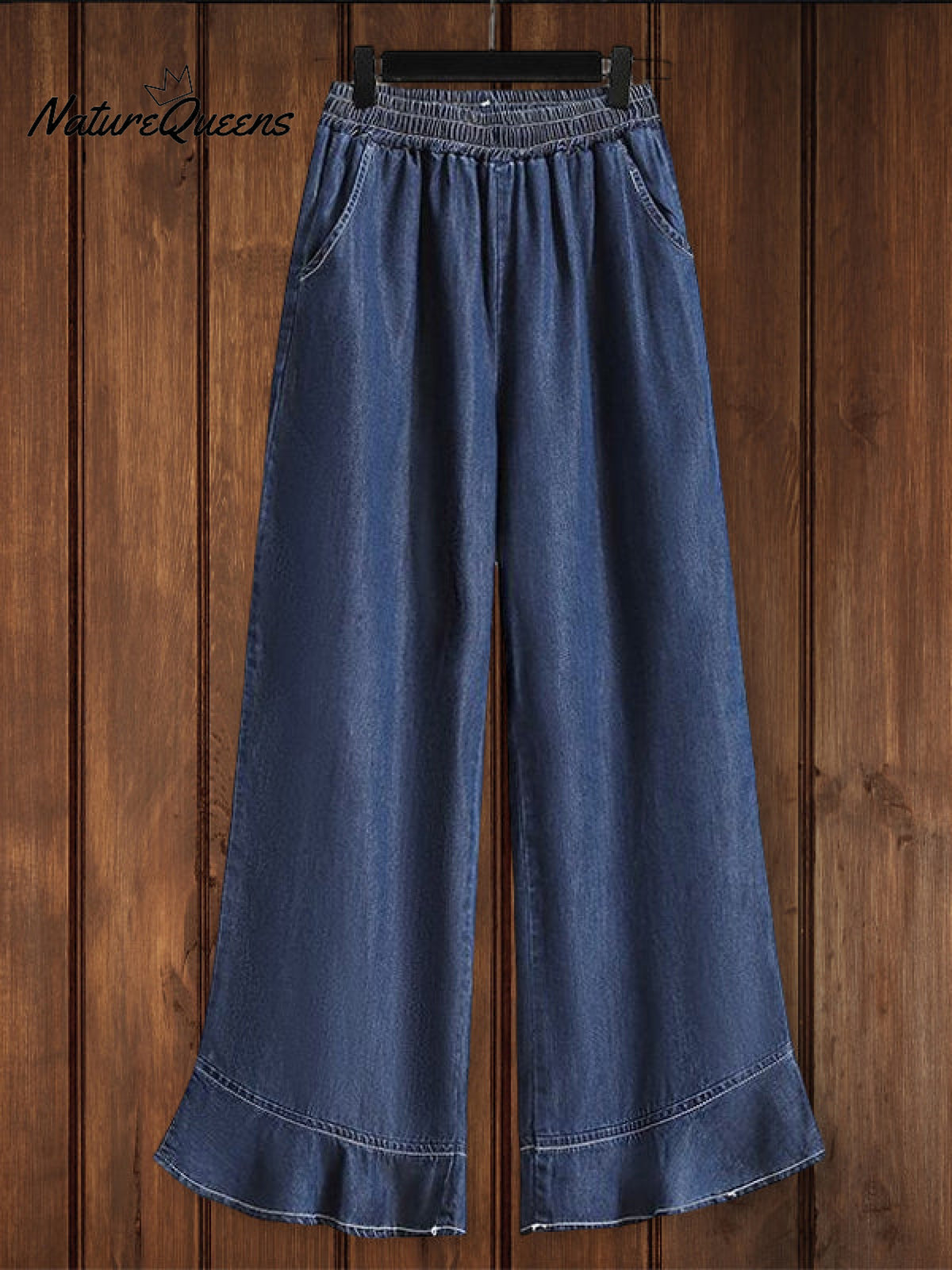 Relaxed Ruffle Soft Denim Pants Navy Blue / L Bottoms