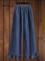 Relaxed Ruffle Soft Denim Pants Navy Blue / L Bottoms