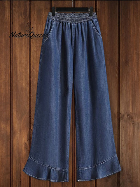 Relaxed Ruffle Soft Denim Pants Navy Blue / L Bottoms