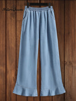 Relaxed Ruffle Soft Denim Pants Wathet Blue / M Bottoms