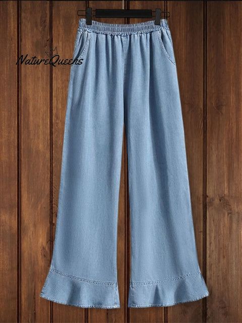 Relaxed Ruffle Soft Denim Pants Wathet Blue / M Bottoms