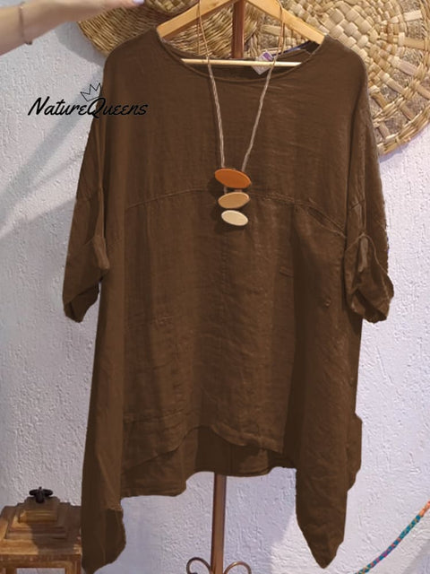 Women's Casual Cotton and Linen Round-neck Shirt