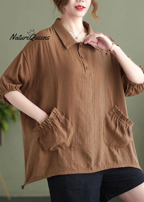 Chic Khaki Patchwork Button Solid T Shirt Short Sleeve