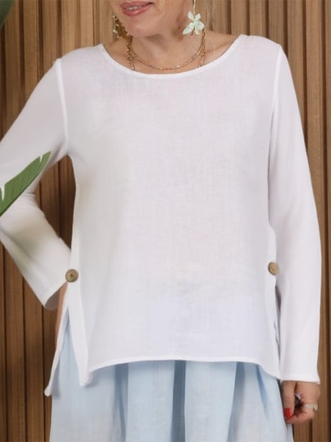 Women's Long Sleeve Button Slit Linen Top