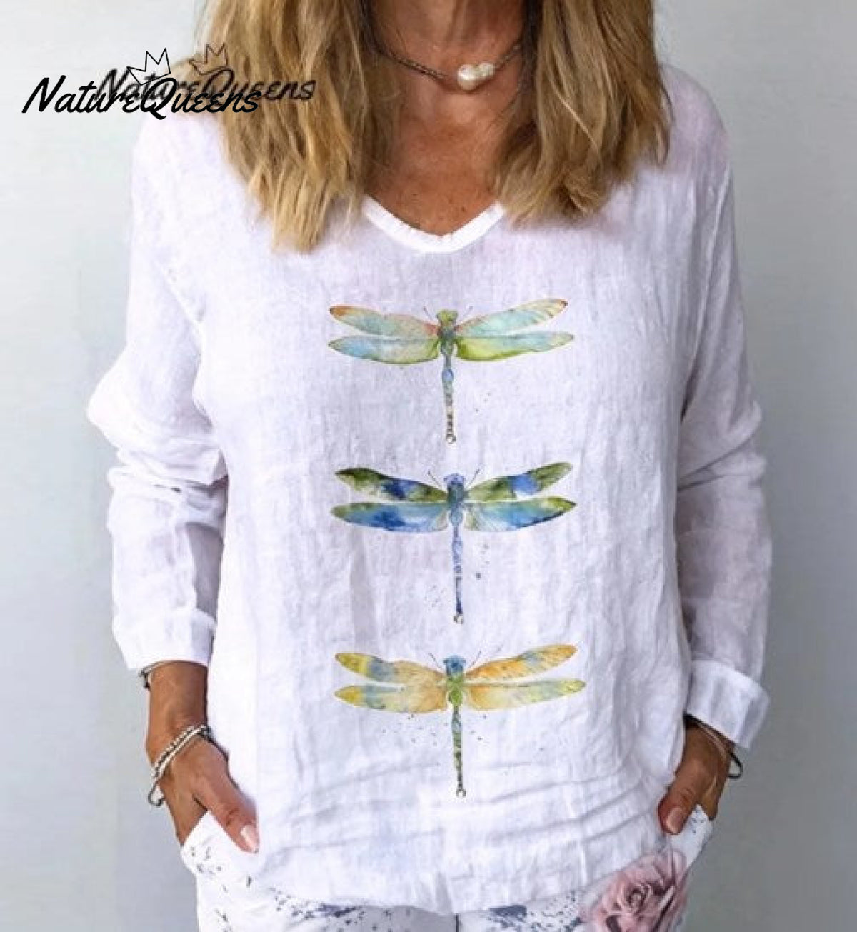 Women's Watercolor Dragonfly Print Cotton Linen Shirt