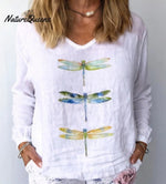 Women's Watercolor Dragonfly Print Cotton Linen Shirt