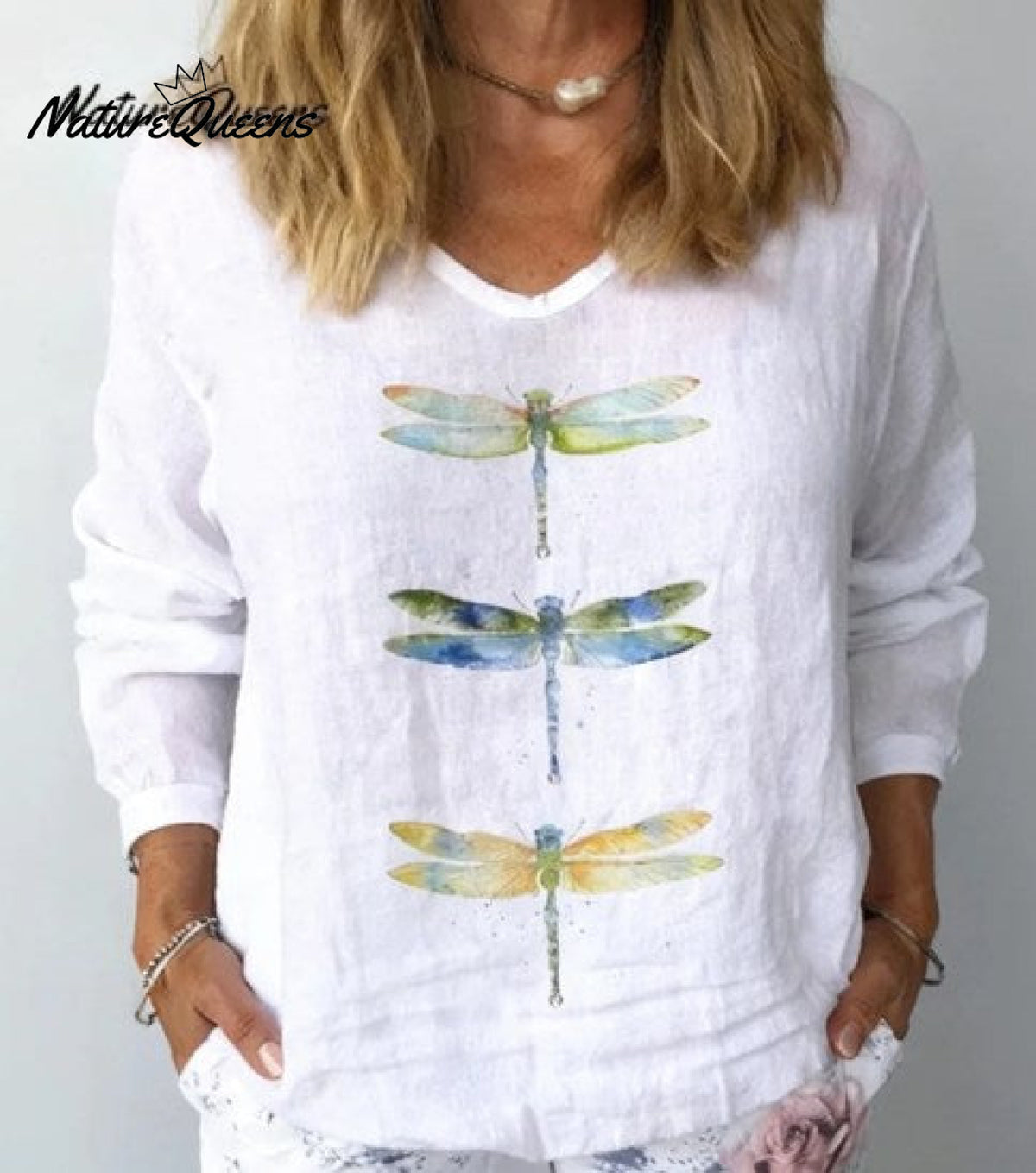 Women's Watercolor Dragonfly Print Cotton Linen Shirt