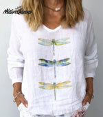 Women's Watercolor Dragonfly Print Cotton Linen Shirt