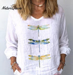 Women's Watercolor Dragonfly Print Cotton Linen Shirt