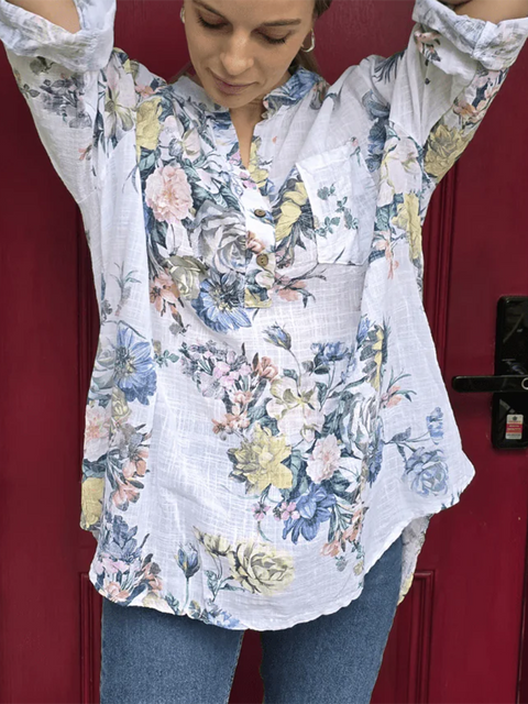 Floral Print Button-Down Linen Shirt