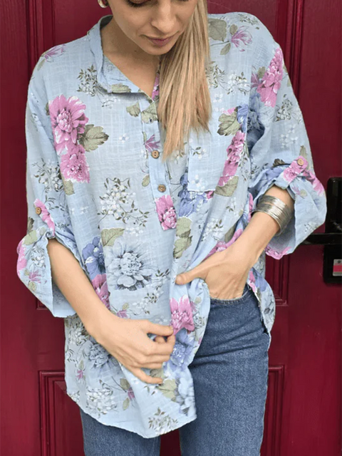 Floral Print Button-Down Linen Shirt
