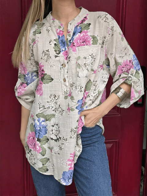 Floral Print Button-Down Linen Shirt
